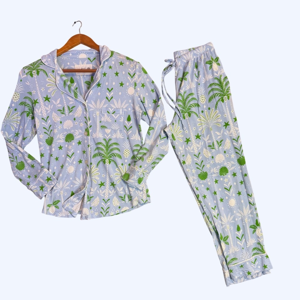 The Cat's Pajamas PJ Set Womens XS Blue Tropicana Palm Pima Cotton Lounge
